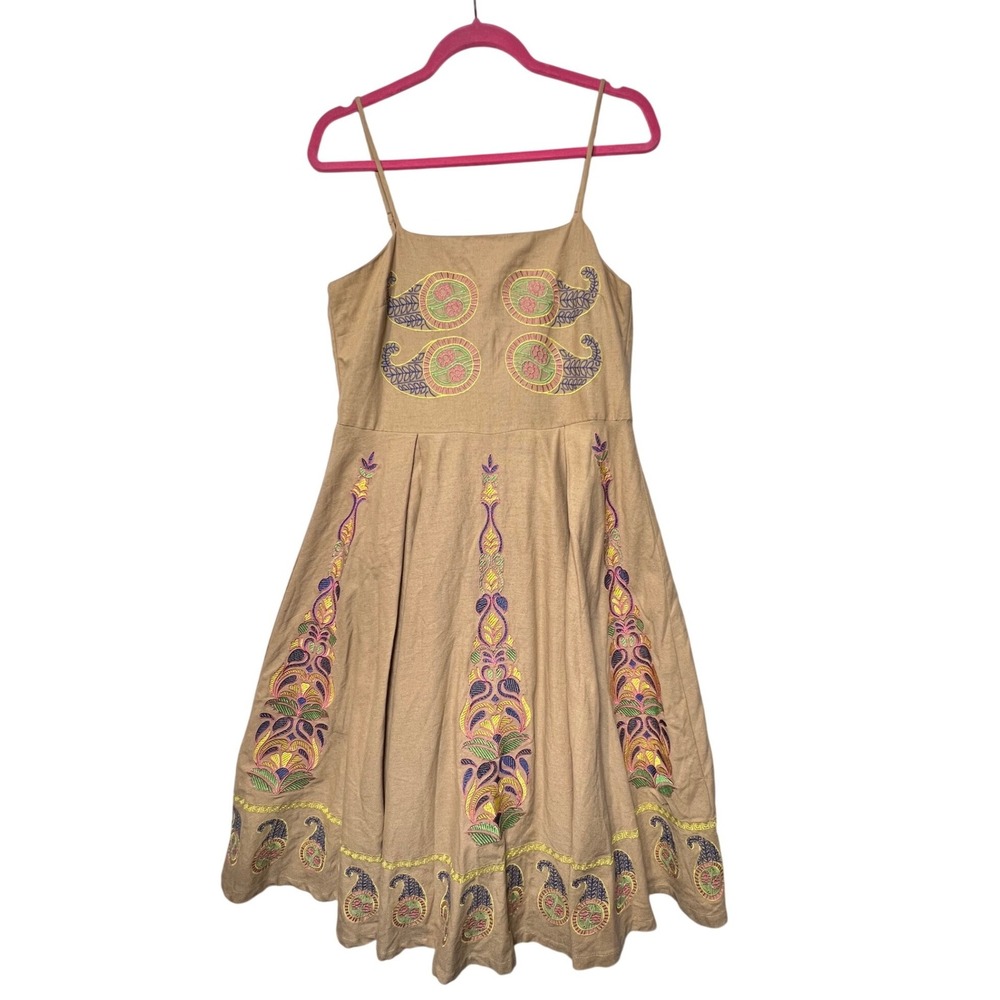 Endless Rose Womens Midi Dress Embroidered Paisley Tan L Fit Flare Sun Dress